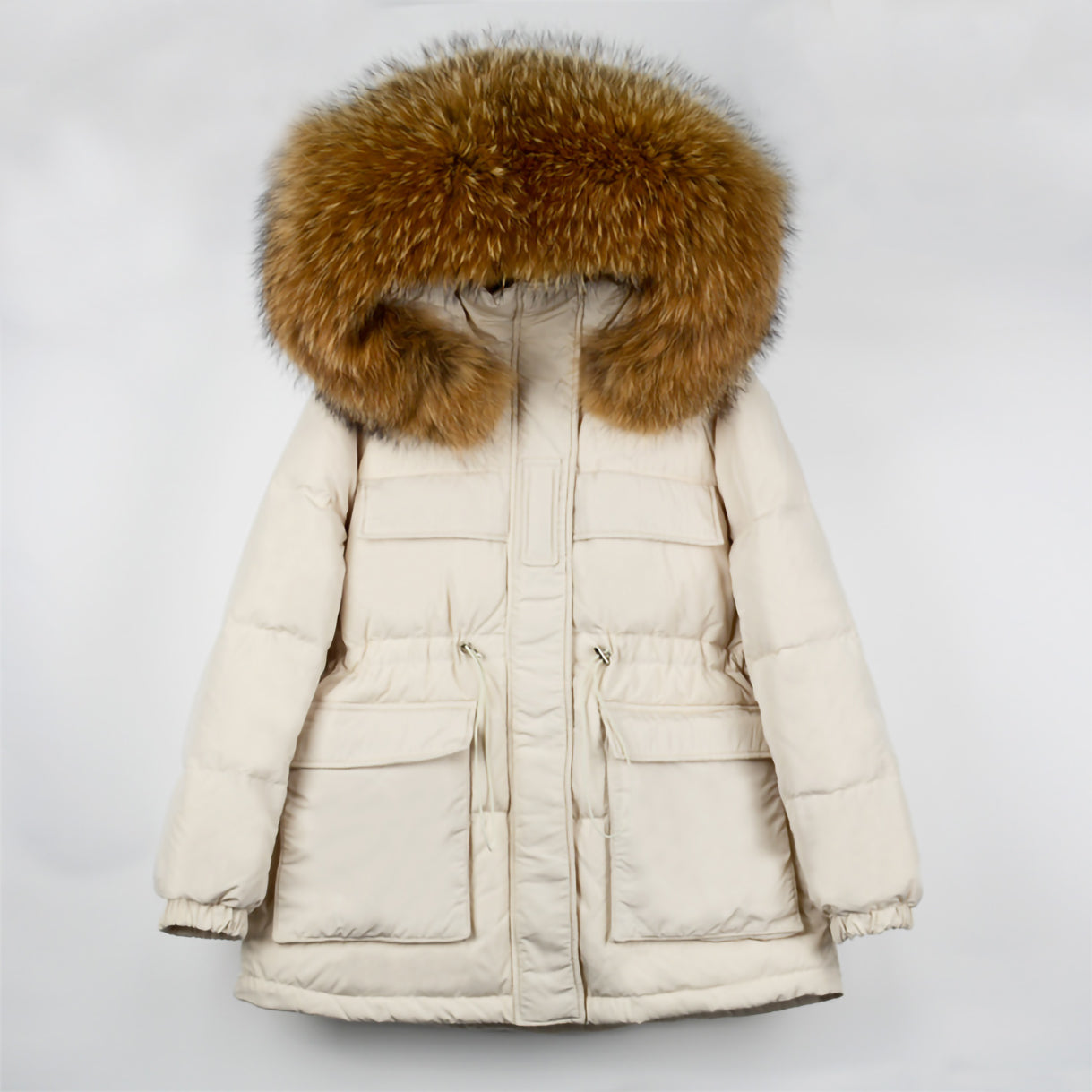 Natural Fur Hooded Thicken Puffer Feather Down Coat Beige