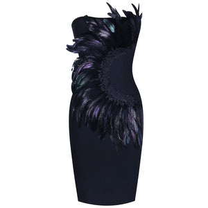 Black Feather Lace Detail Shoulderless Strapless Mini Bodycon