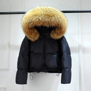 Natural Fur Hooded Crop Puffer Jacket