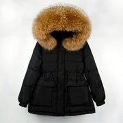 Natural Fur Hooded Thicken Puffer Feather Down Coat Black