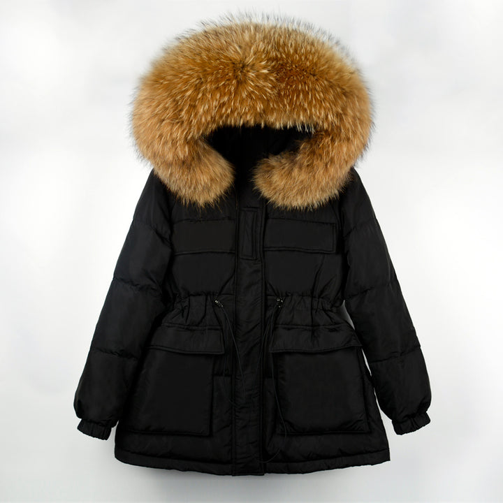 Natural Fur Hooded Thicken Puffer Feather Down Coat Black