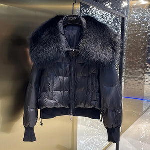 Natural Fur Turn-down Collar Crop Puffer Jacket