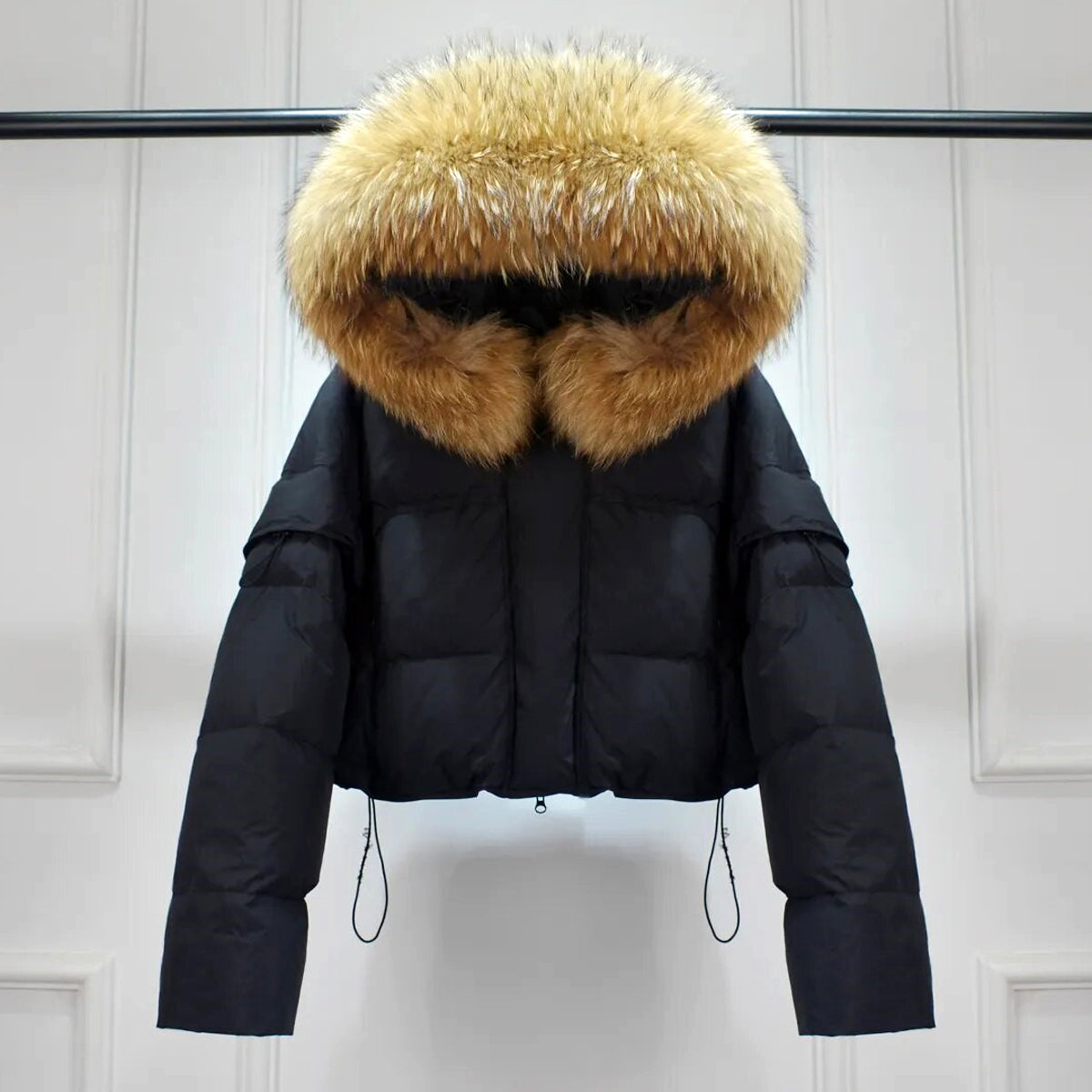 Natural Fur Hooded Showerproof 2 in 1 Crop Puffer Detachable Sleeves Jacket