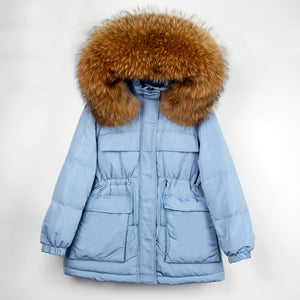 Natural Fur Hooded Thicken Puffer Feather Down Coat blue