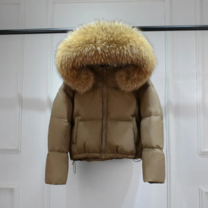 Natural Fur Hooded Crop Puffer Jacket