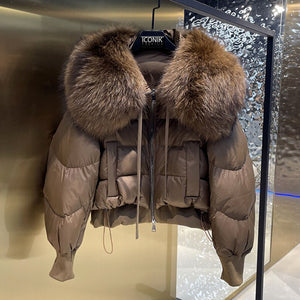 Natural Fur Turn-down Collar Crop Puffer Jacket