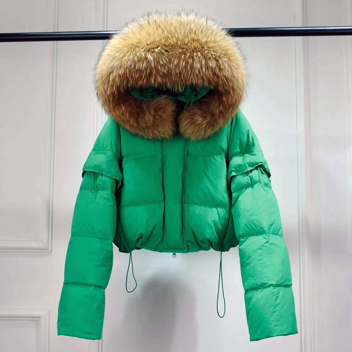 Natural Fur Hooded Showerproof 2 in 1 Crop Puffer Detachable Sleeves Jacket