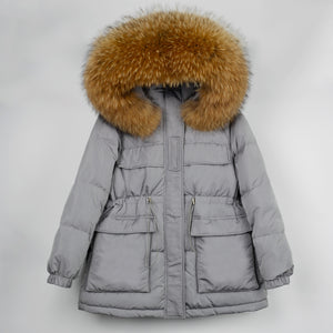 Natural Fur Hooded Thicken Puffer Feather Down Coat Grey