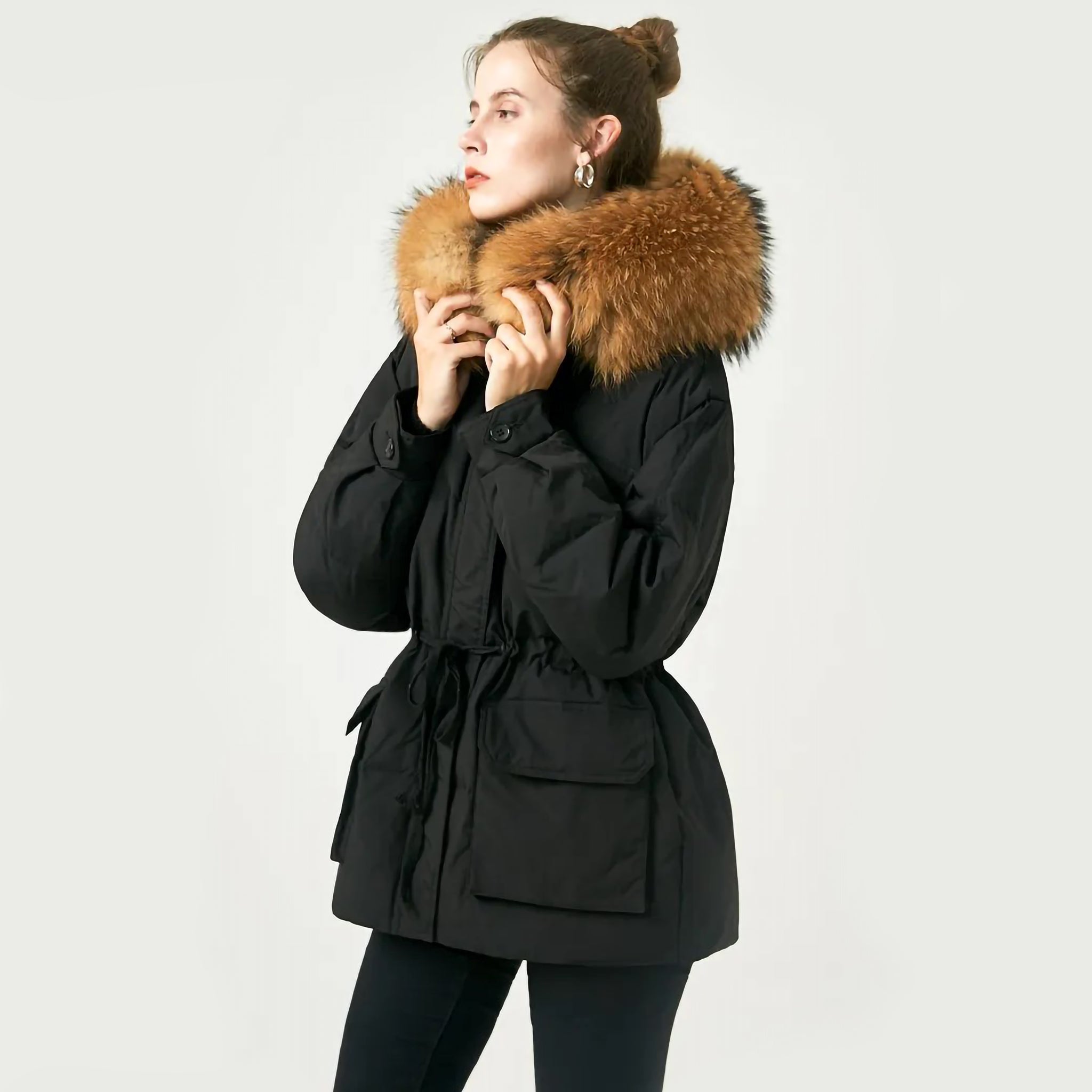 Natural Fur Hooded Thicken Puffer Feather Down Coat
