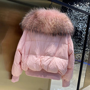 Natural Fur Turn-down Collar Crop Puffer Jacket