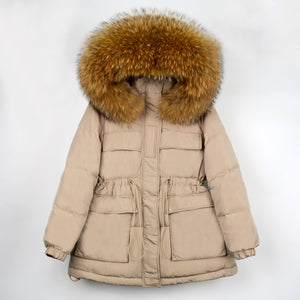 Natural Fur Hooded Thicken Puffer Feather Down Coat khaki