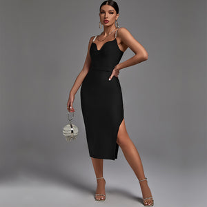 Black Silhouette Split Pearl Strap Midi Bodycon Dress
