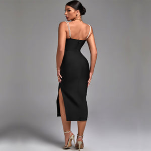 Black Silhouette Split Pearl Strap Midi Bodycon Dress