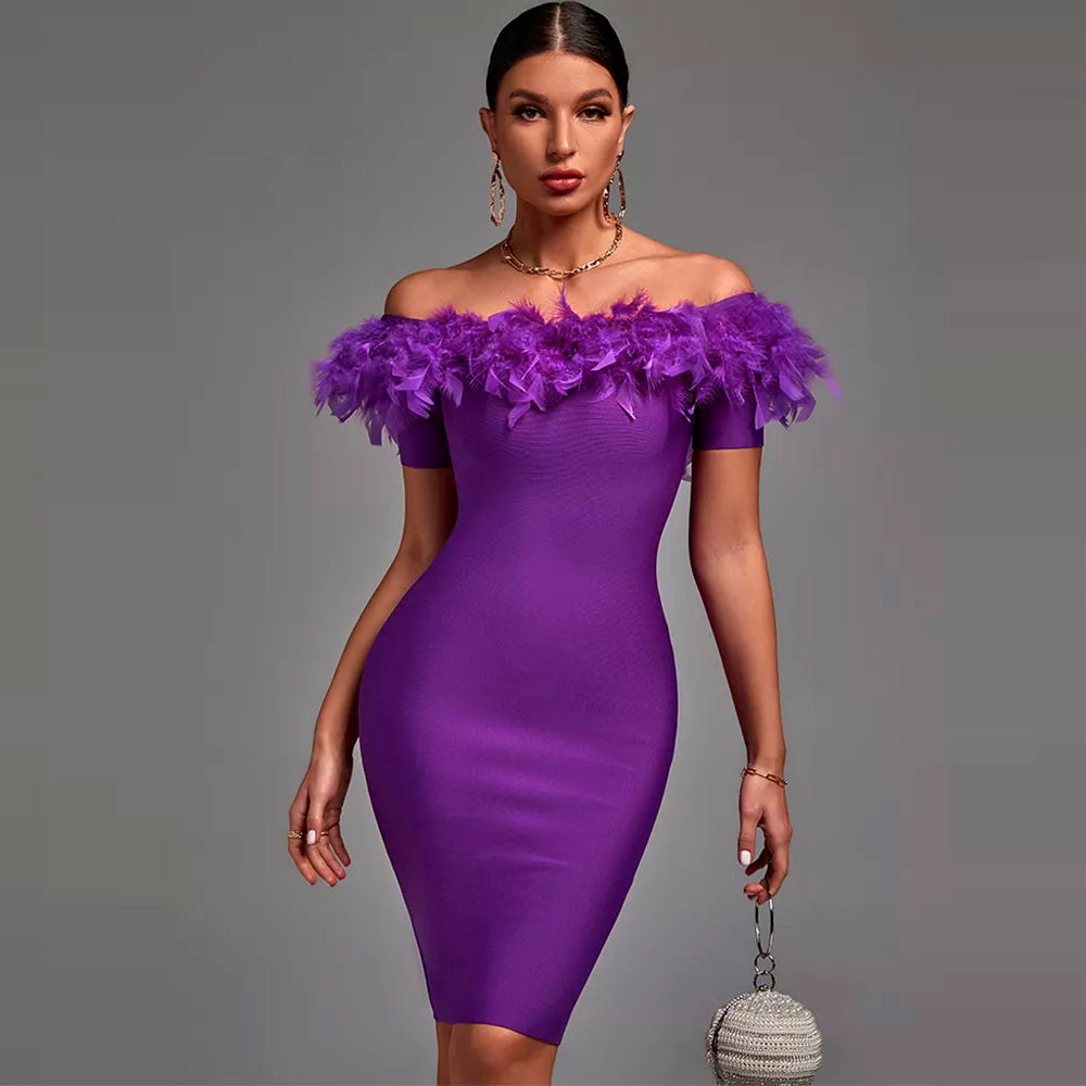 Purple Feathers Off Shouler Bodycon Mini Dress
