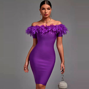 Purple Feathers Off Shouler Bodycon Mini Dress