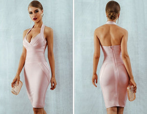Apricot Pink Halter Neck Backless Bodycon Dress