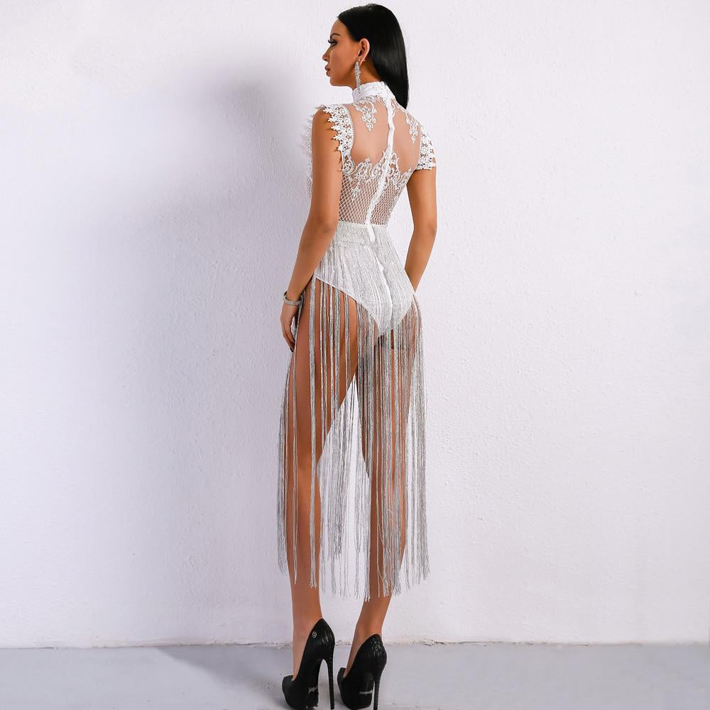 White Sheer Lace and Tassel Bodysuit