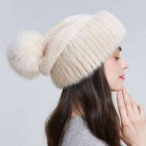 Real Mink Fur Pompom Slouchy Hat