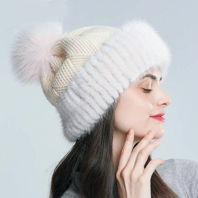 Real Mink Fur Pompom Slouchy Hat