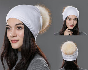 Real Fur Knitted Wool PomPom Hat