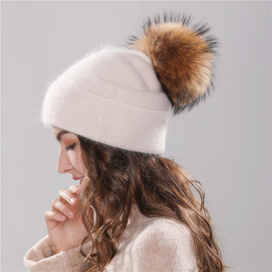 Natural Fur PomPom Wool Beanie Hat