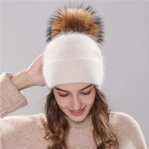 Natural Fur PomPom Wool Beanie Hat