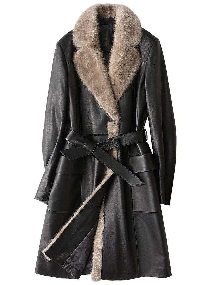 Genuine Leather Real Fur Collar Coat