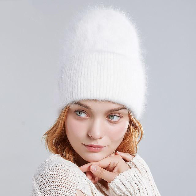 Wide Cuff Rabbit Fur Beanie Hat
