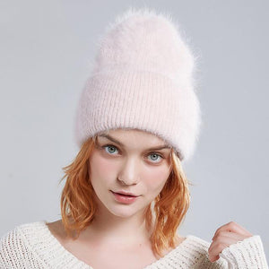 Wide Cuff Rabbit Fur Beanie Hat