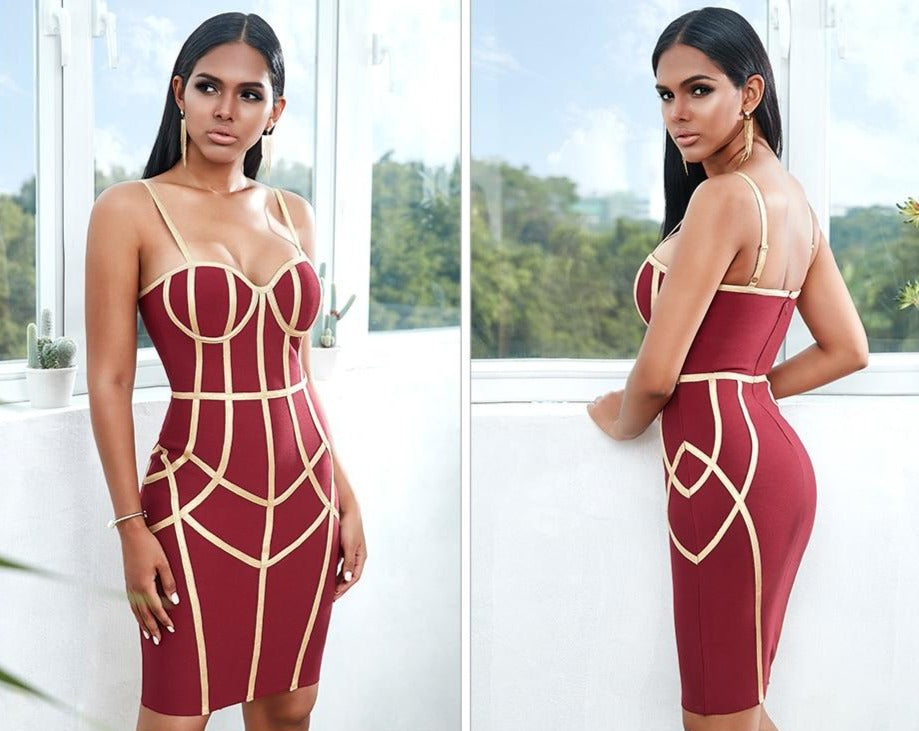 Red Gold Straps Bodycon Dress