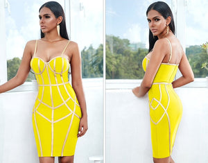 Yellow Geometric Gold Straps Bodycon Dress