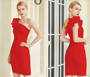 Red Ruffled One Shoulder Bodycon Dress