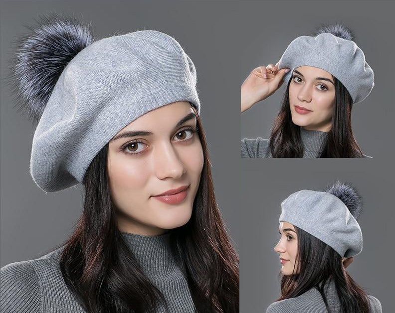 Natural Raccoon Knitted Beret Hat