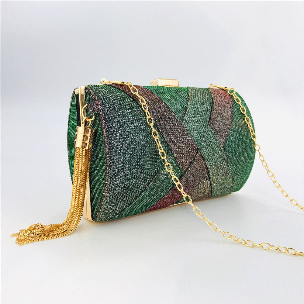 Multi Green Tassel Sparkly Clutch Bag